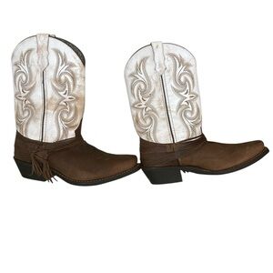 Laredo Myra Square Toe Fringe Brown White Leather Cowgirl Boots size 10 Wide